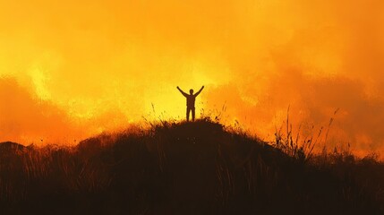 Fototapeta premium A person silhouette standing on top of a hill with arms raised, basking in the glow of a golden sunrise.
