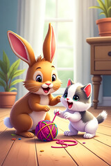Fototapeta premium Playful Bunny and Kitty Enjoying a Ball of Yarn – Adorable Pet Moment