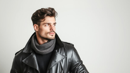 Obraz premium Fashionable studio portrait of a man in leather jacket close-up