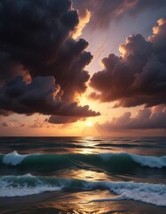 Obraz premium Dramatic dark storm clouds moving in during sunset over the sea, weather, nature, dusk