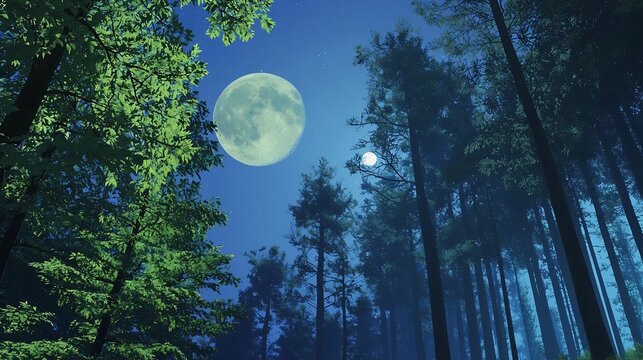 A night view of a forest with a large moon and a small moon in the night sky