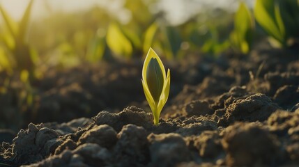 Newly sprouted plant emerging from cracked soil, symbolizing growth, renewal, and environmental resilience. Nature's revival and sustainability concept.