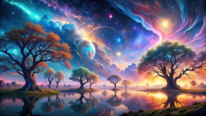 A fantastical world with iridescent skies and twisted