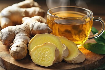 Ginger tea with fresh ginger root and sliced ginger on wooden table