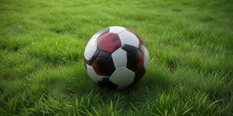 Obraz premium Red and black soccer ball design on green grass field, soccer, ball