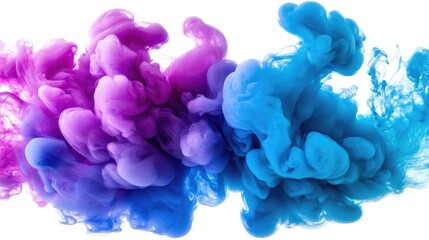Fototapeta premium Abstract texture of flowing ink in water, with vibrant blue and purple swirls on a white background.