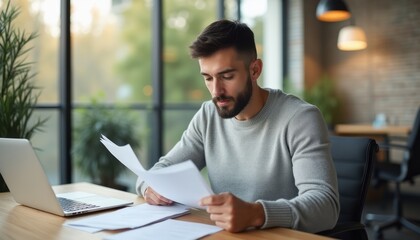 Fototapeta premium A young man with a well-groomed beard sits at a wooden desk, intently examining papers in a stylish office filled with natural light. The scene captures a moment of concentration and productivity