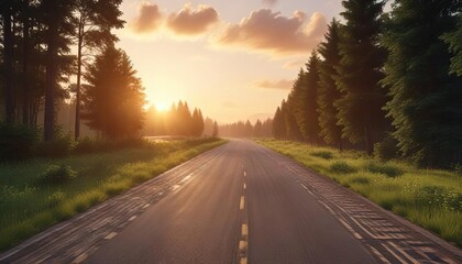 Fototapeta premium Sunset over a wide race track surrounded by lush green woods, landscape, dusk