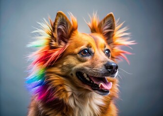 Naklejka premium Brown Dog with Colorful Mohawk - Playful Pet Portrait, Left Facing, Copy Space