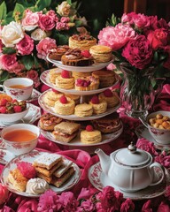 Indulge in Elegant English Afternoon Tea with Tiered Pastries, Floral Red Roses, and Charming Porcelain Set for a Perfect Garden Party or High Tea Experience