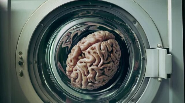 Human brain inside a washing machine, symbolizing brainwashing concept