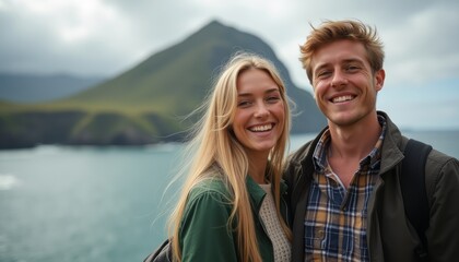 Obraz premium A happy young couple stands together, beaming with joy, as they pose against a breathtaking coastal landscape. The serene ocean and majestic mountain create a perfect backdrop, highlighting their