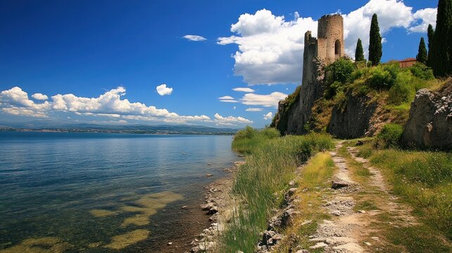 Ancient stone towers stand on the cliff overlooking a large body of water under a blue sky