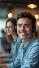 A smiling young man with a headset sits at a call center, exuding positivity and professionalism. His bright smile and engaging demeanor create a welcoming atmosphere, while a focused female colleague