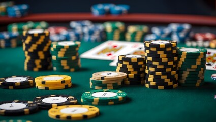 Fototapeta premium Poker chips on a poker table at the casino. Gambling concept. Ai Generative.