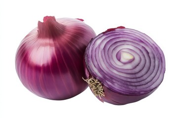 A vibrant red onion, whole and sliced, showcasing its inner layers, perfect for culinary use.