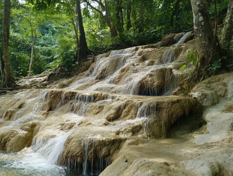 Beautiful cascading waterfall flowing down the rocky terrain in a green forest - Powered by Adobe