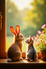 Bunny and Kitty Watching Outside a Window Together &ndash; Adorable Pet Companions