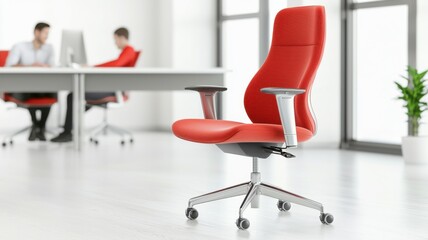 A stylish red office chair stands prominently in a modern workspace, with blurred workers and computer setups in the background.