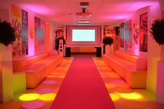 An elegant hallway with a vibrant red carpet and projector screen. Decorating the Party Space: Set the stage for unforgettable events - Powered by Adobe