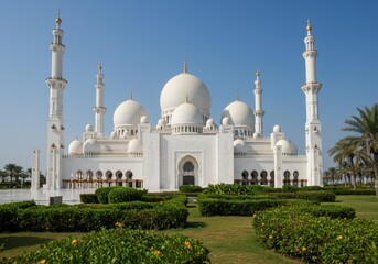 A majestic white mosque with turquoise domes and tall minarets, surrounded by lush green tropical plants and palm trees