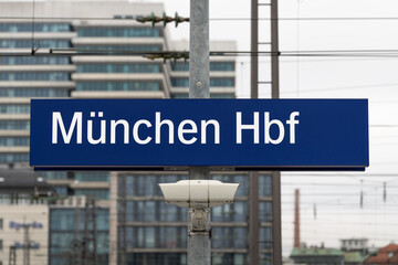 M&uuml;nchen Hbf (Munich Central Station) sign. Location name board at the train platform. Travel destination when using the public transportation services.