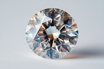 A sparkling round diamond showcasing brilliant facets and a clear, reflective surface against a soft background.