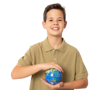 Happy boy holding globe in hands - isolated on transparent background. Ecological concept. PNG transparent.
