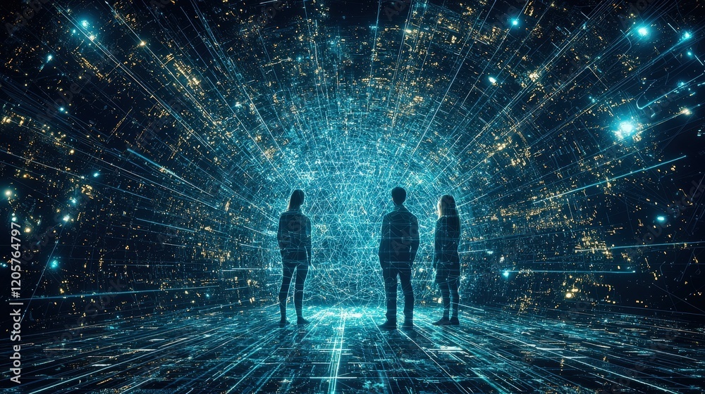 Wall mural silhouetted figures in a vibrant digital nebula: an abstract representation of data streams and conn