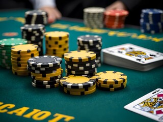 Naklejka premium Poker chips on a poker table at the casino. Gambling concept. Ai Generative.