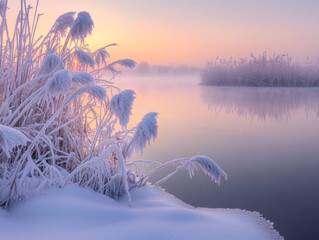 Frost-covered Reeds Leaning Over a Tranquil Water Body at Dawn During Winter's Embrace