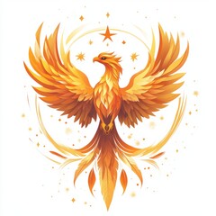 Obraz premium Majestic Golden Phoenix Rises with Starry Sparkle on White Background, A Symbol of Rebirth and Power, Artistic Illustration of the Mythical Bird
