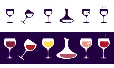 Modern icon set of wine glasses and decanter
