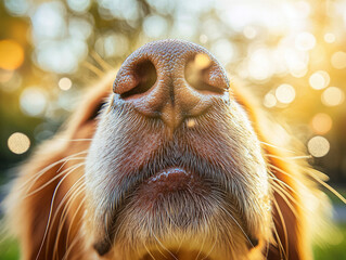 Fototapeta premium Close-up of a Golden Retriever's Nose Reflecting the Warmth of a Sunny Day in a Tranquil Outdoor Setting