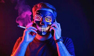 man in a scary glowing death mask holds a phone to head, smokes and nods in a neon flashing light with glitch effect - Powered by Adobe