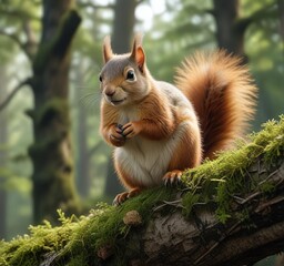 Obraz premium A cute squirrel perched on a moss-covered tree branch in a dense woodland, woodland, tree branch, squirrel