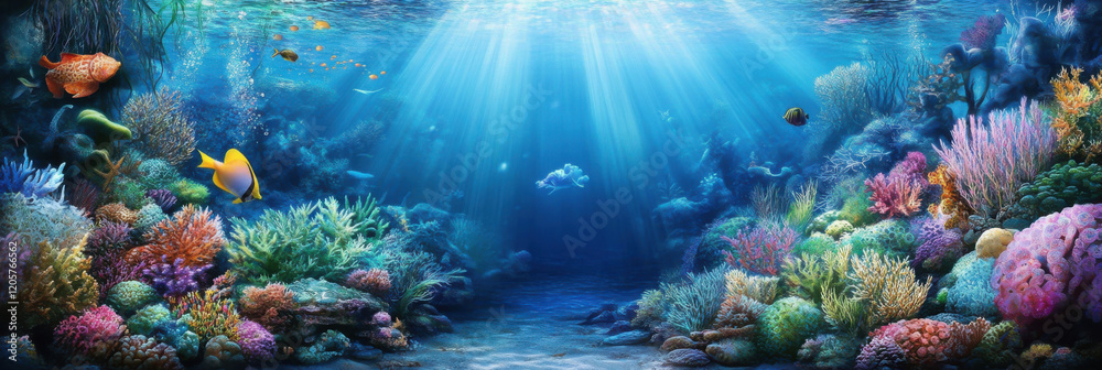 Wall mural Vibrant underwater scene with coral reef and colorful fish.