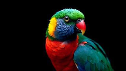 Obraz premium A vivid closeup shot of a vibrant and colorful parrot set against a striking black background, showcasing its stunning features and colors