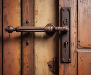 Obraz premium A worn and rusty door handle with a broken latch, neglect, worn, crumbling stones