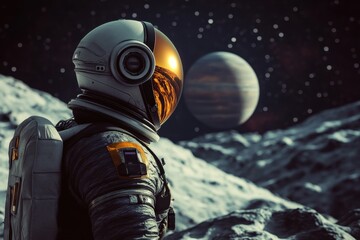 Astronaut explores lunar landscape while gazing at distant planet