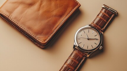 A sophisticated arrangement features a rich leather wallet alongside a classic watch, blending style and functionality in a minimalist setting. Perfect for fashion enthusiasts seeking inspiration