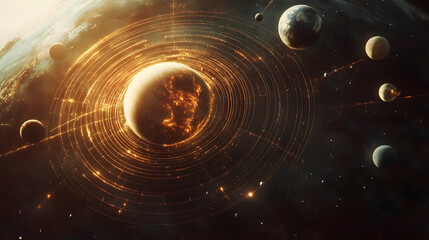 A dynamic infographic explaining the solar system with rotating planets and orbital paths