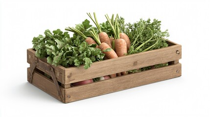 Rustic wooden crate with fresh spring vegetables: asparagus, carrots, radishes