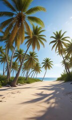 Obraz premium Sandy beach lined with palm trees under a clear blue sky, paradise, film flare