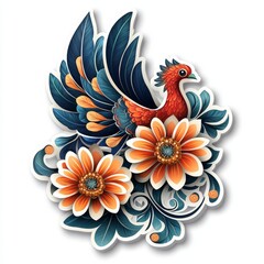 Obraz premium Elegant Bird Art: Stylized Phoenix with Vibrant Flowers, Ornate Feathers and Artistic Flair, a colorful composition on a white background