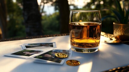Golden Hour Memories: A Glass of Amber Liquid and Cherished Photographs