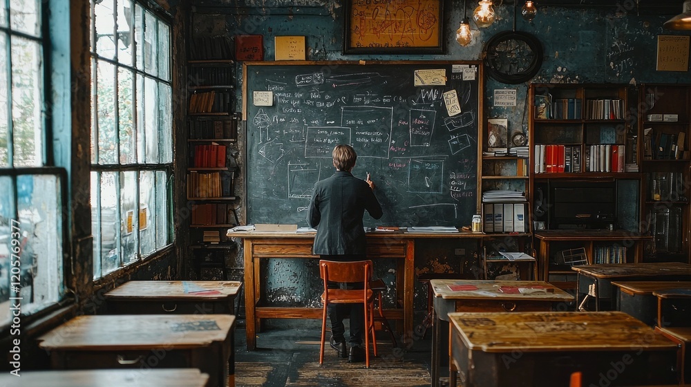 Poster in a vintage classroom filled with warm light, a teacher passionately writes on a large chalkboard, 