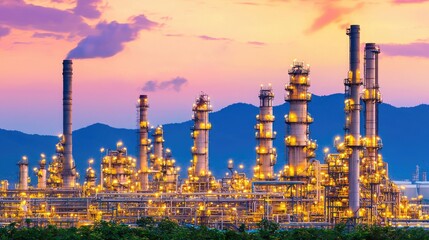 Obraz premium Industrial complex illuminated at dusk with smokestacks and mountains in the background.
