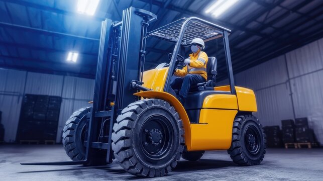 A forklift operated by a worker in a warehouse setting, brightly lit and focused on lifting materials.