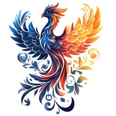 Fototapeta premium Majestic Phoenix: A Vibrant Illustration of Rebirth and Transformation, with Bold Colors and Ornate Details on a White Background